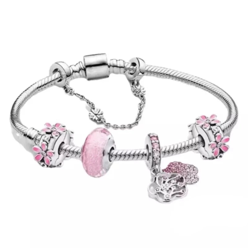 Kit Pulseira Semi Rígida Flores Rosa Peridot